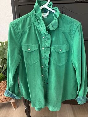 SUNDANCE Green Ruffle-Front Corduroy Shirt Small White Snap Buttons Long Sleeve